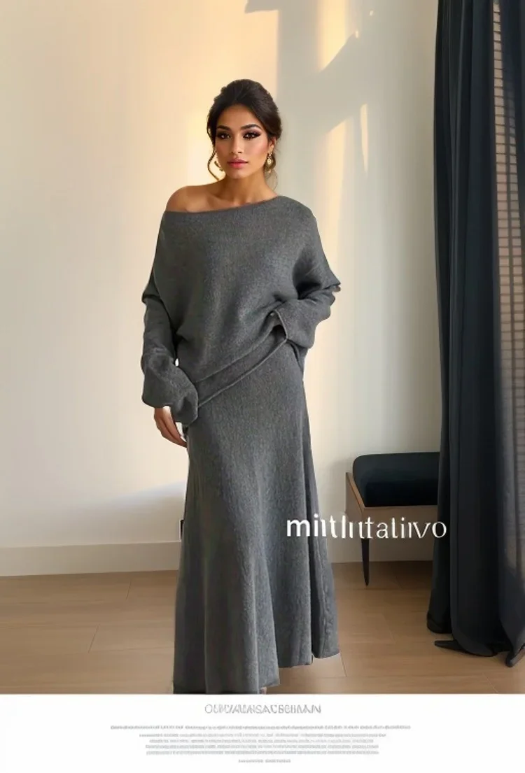 Hirsionsan Sexy Soft Elegant Vintage Women Suits 2 Pieces Female Sets Slash Neck Sweater & Midi Dress OL Style Knitted TrackSuit