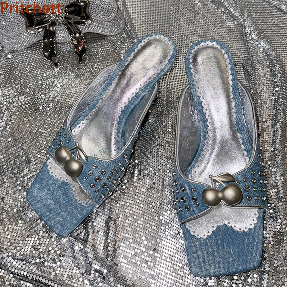 

Metal Cherry Mixed Color Sandals Square Toe Kitten Heels Slip On Slingback Blue Silvery Slippers Women Outdoor Leisure Shoes