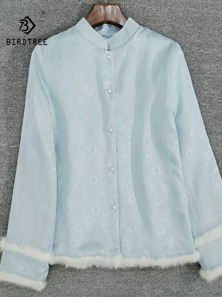 BirdTree-35%シルク 65%ウール エレガントコート、ミンクファー パッチワーク、レディース 新中華風 ジャカード ルーズコート、2025年冬 C5N964CC
