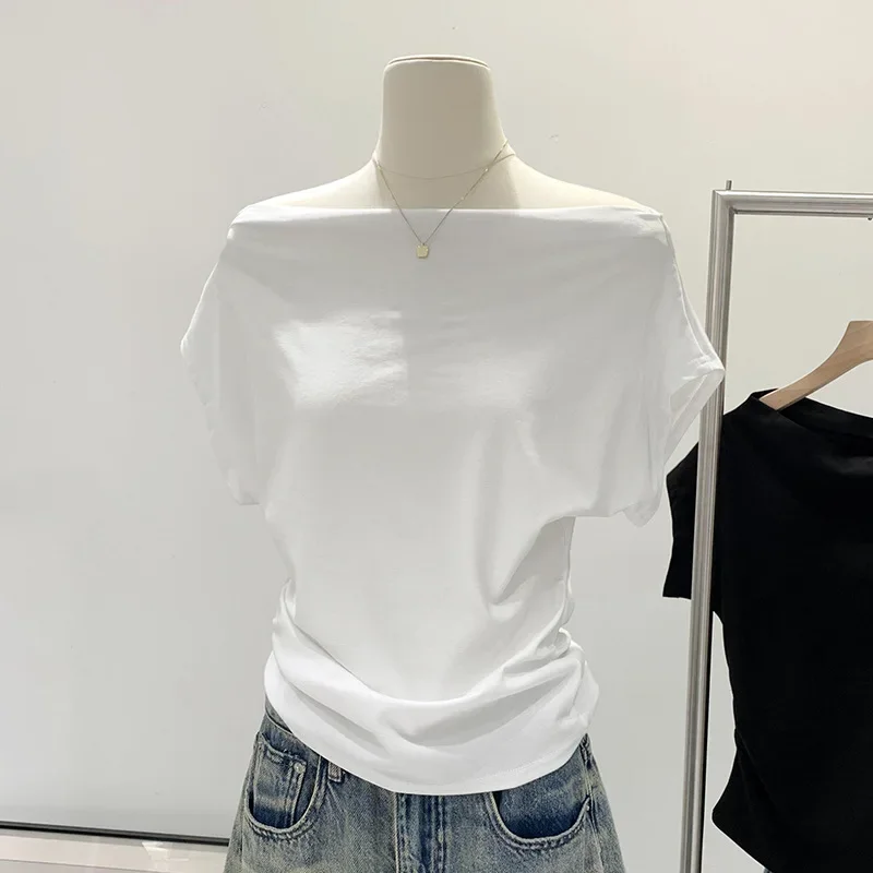 Off-shoulder Drape Short Sleeve T-shirt Women's Summer 2024 New Style Cropped Waist-fitted Drawstring Top Stylish Casual Wear