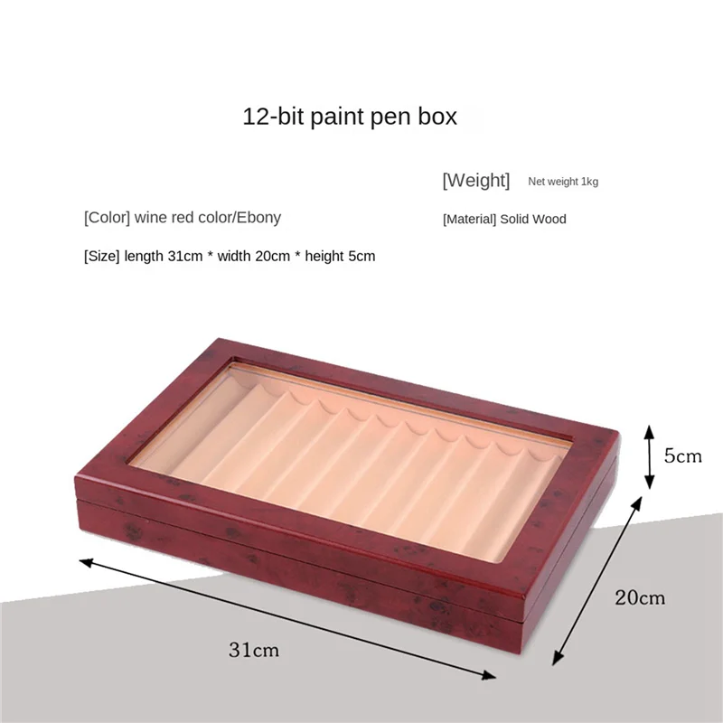 ABUU-2X 12 Grid Wooden Pen Display Case Storage Luxury Fountain Case Transparent Window Pen Box-Collection Organizer Red