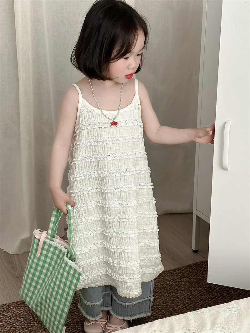 

2024 Summer New Children Sleeveless Casual Dress Baby Girls Cute Lace Sling Dress Cotton Kids Princess Dress Toddler Clothes