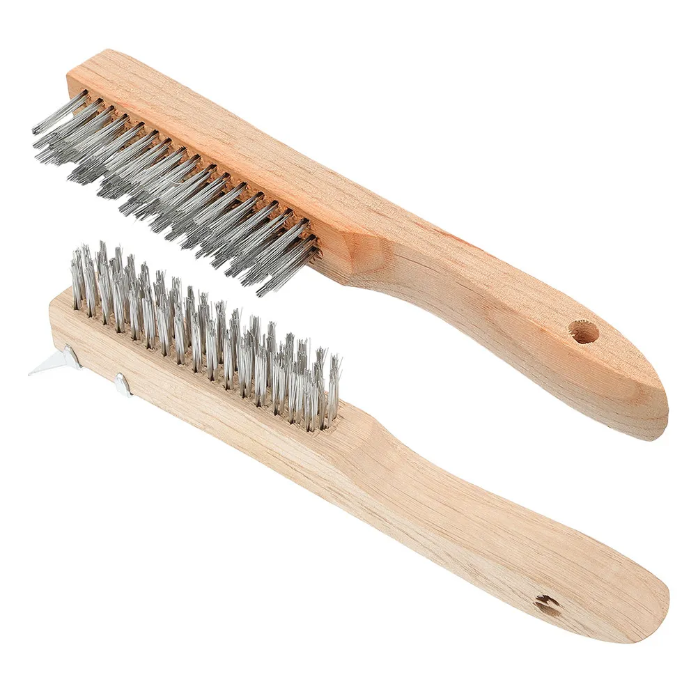 2Pcs Sturdy Steel Wire Scrub Brush Wood Handle Rust Remover Paint Scraper Metal Cleaning Brush for Industrial Automotive Ship