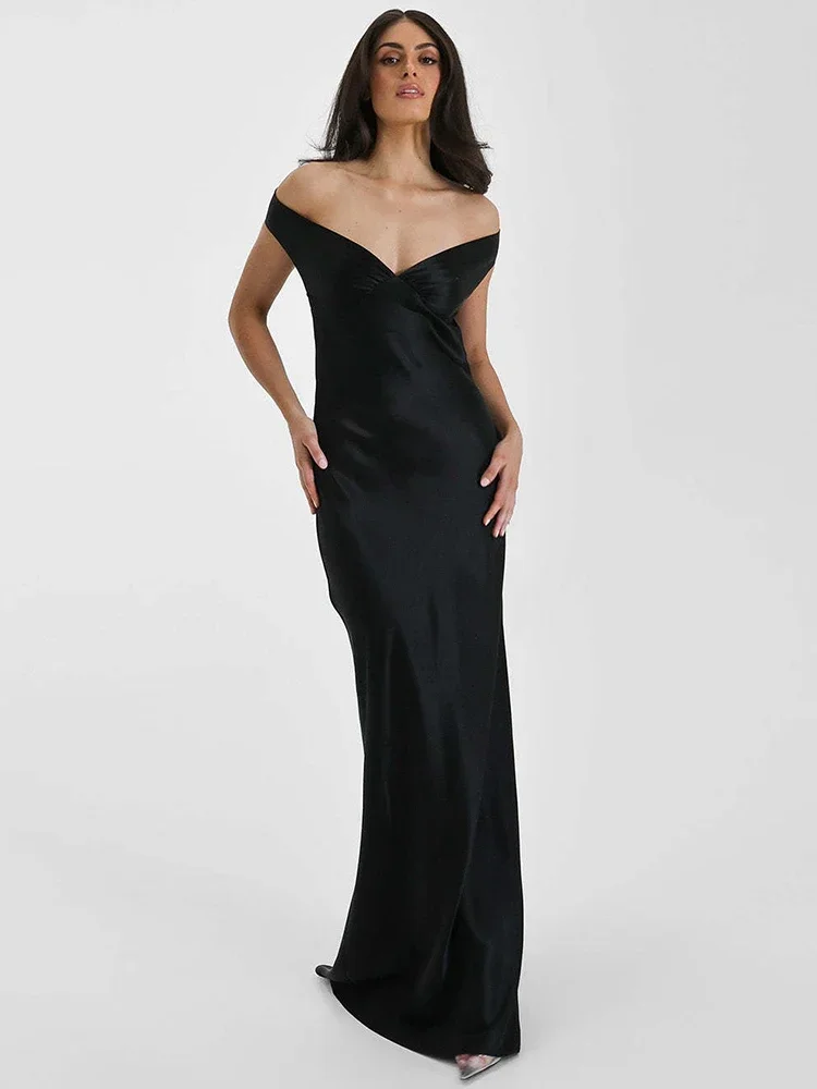 Chaxiaoa cetim fora do ombro sem costas sexy maxi vestido feminino moda sem alças sem mangas cintura alta clube festa vestidos longos