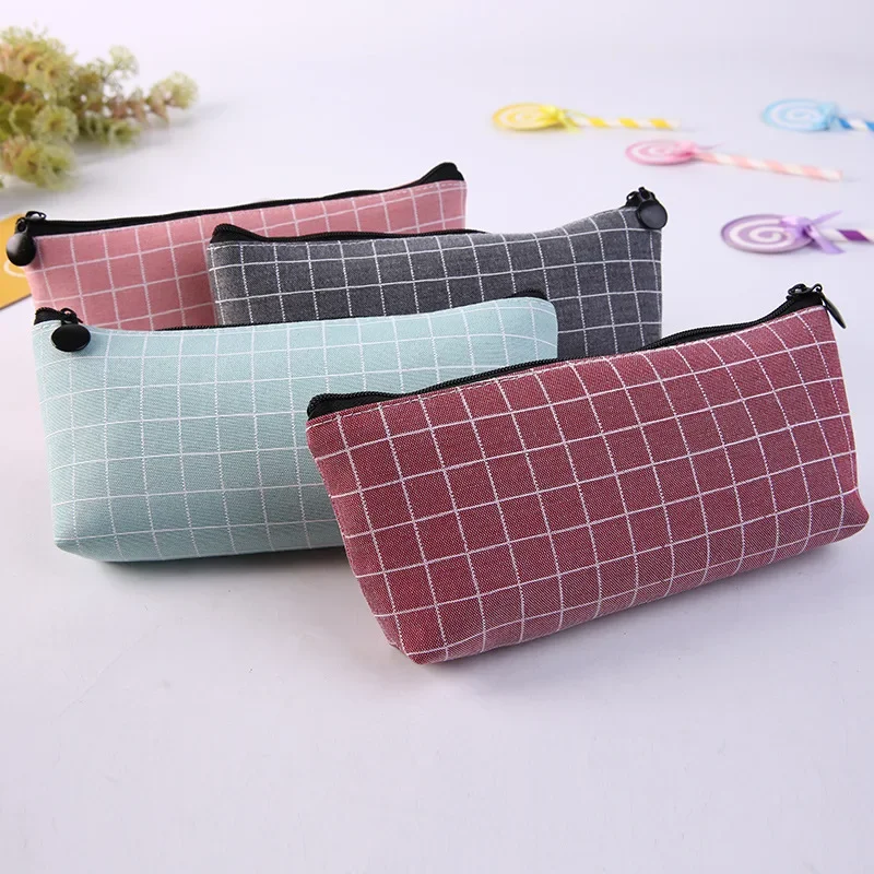 Fresh Square Lattice  Pencil Case Office Stationery and School Supplies Canvas Material Pencil Bag