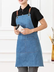 2022 fashion denim apron coffee shop and hairdresser chef protection suit bib cooking kitchen aprons for woman man apron overall