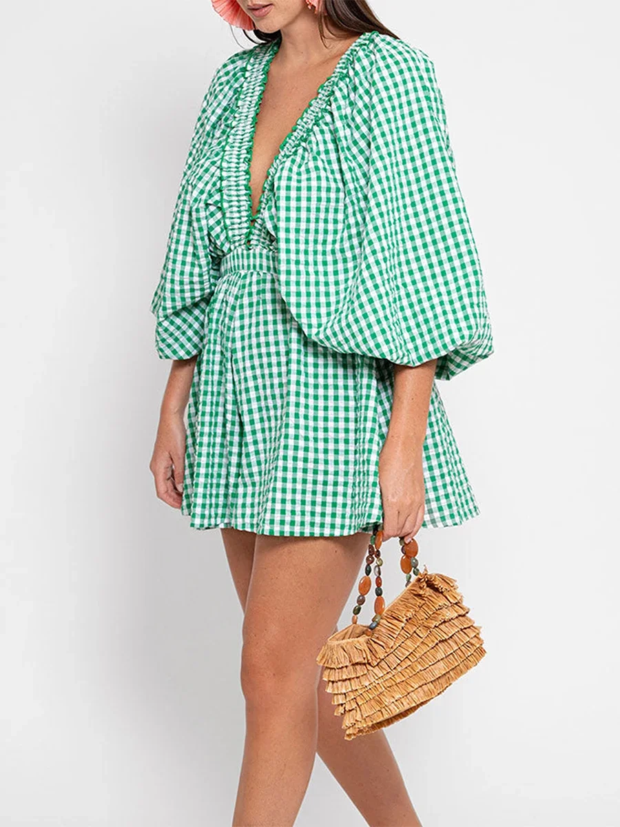 Women's Mini Dress Deep V-Neck Rompers Solid Color Plaid Bubble Sleeve Summer Short Jumpsuits Playsuits 2000s Streetwear