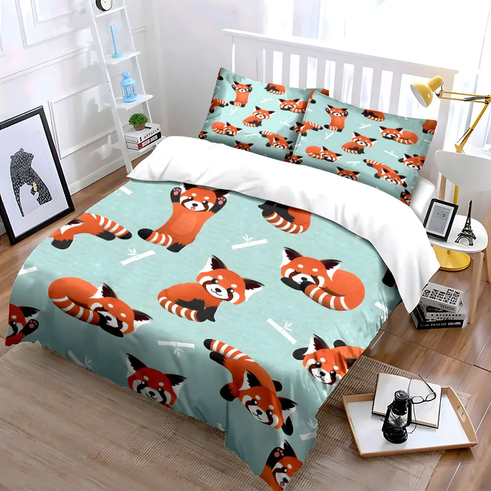 Cartoon Red Pandas and Bamboo Pattern Duvet Cover Set Digital Print Colorful Polyester Bedding with Zipper Closur for gifts