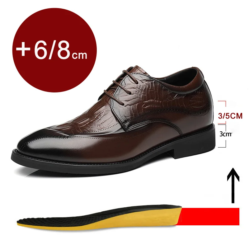 

Genuine Leather Men's Dress Shoes Hidden Heels Elevator Shoes 8CM 6CM Height Increased Shoes For Men Fashion Brown For Wedding