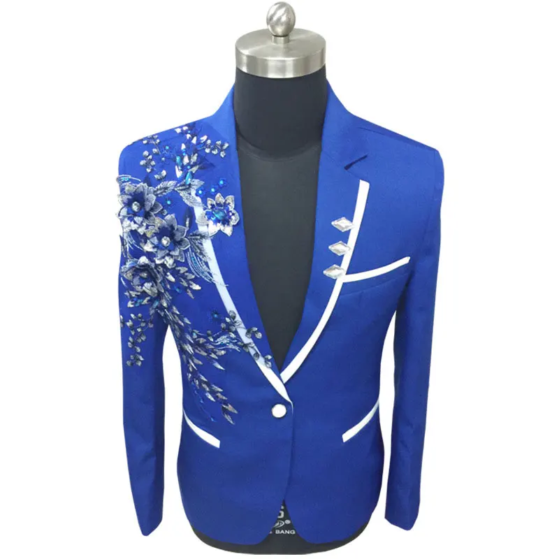 White Floral Sequin Embroidery Suit Jacket Men Wedding Groom Tuxedo Suit Blazers Mens One Button Peak Lapel Stage Costume Homme