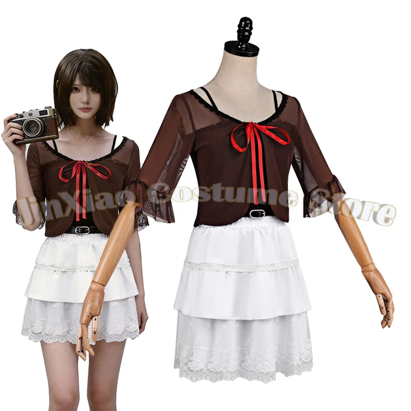 Disfraz de Cosplay del Juego Fatal Mio Amakura para Mujer, Uniforme JK, Top Rojo con Mariposas, Falda Blanca en Capas, Disfraz de Halloween