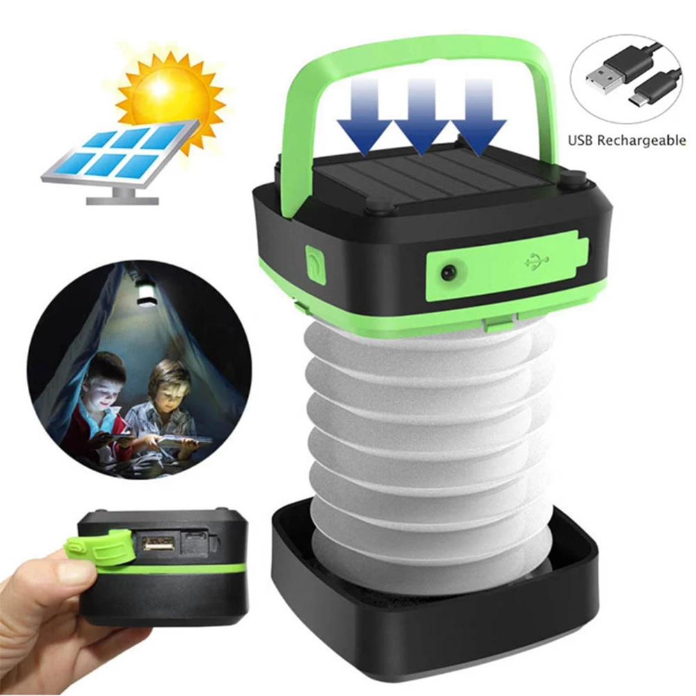 Foldable Portable Solar Power LED Camping Lamp, Lanterna pendurada recarregável USB, Lanterna de emergência impermeável para barraca ao ar livre