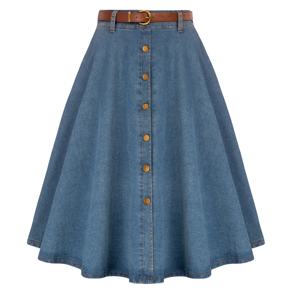 

BP Women's Skirt Vintage Jean Midi Skirt With Belt Elastic High Waist A-Line Buttons Decorated Causal Elegant Woman Clothing