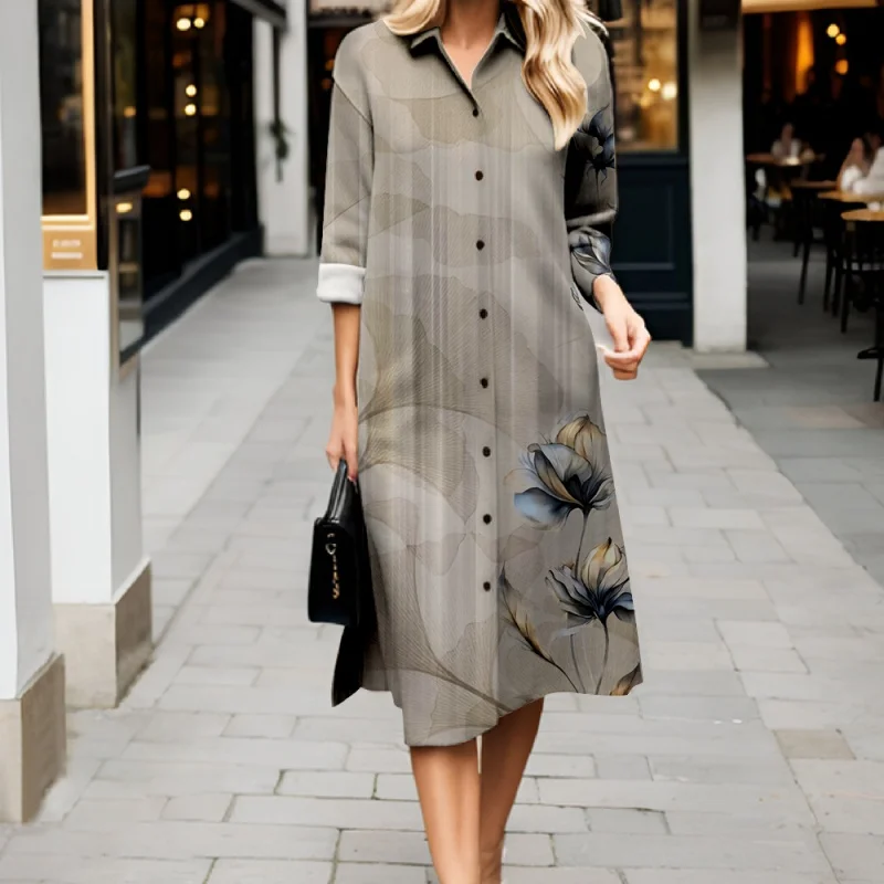 2025 Abito comfort stile camicia da donna nuovo Abito ampio a maniche lunghe con colletto modello retrò Abito elegante e traspirante