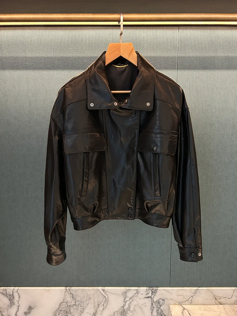 سترة جلدية ذات صورة ظلية من جلد الخراف المدبوغ بالخضراوات المشمعة الصغيرة #2