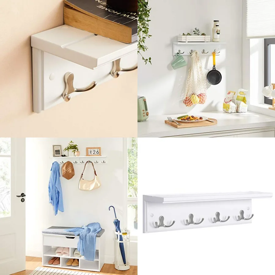 

Entryway Hanging Coat Rack WallMounted Wooden Shelf with 4 Double Hooks for Coats Bags and Accessories Floating Wall Shelf in W