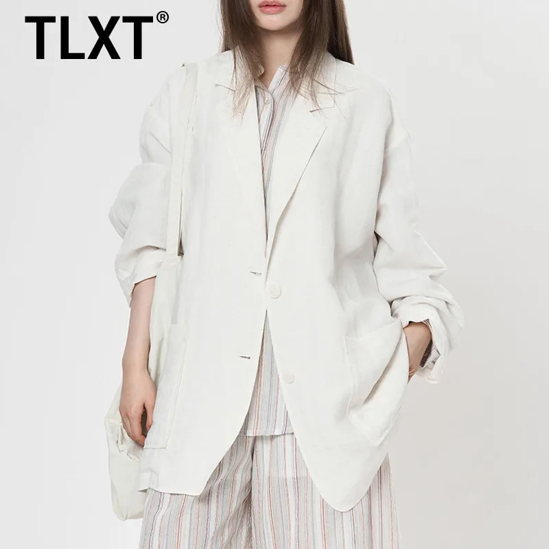 

TLXT элегантный женский однотонный льняной пиджак с лацканами, однобортное пальто с длинными рукавами в праздничном стиле, женское весеннее пальто 202, новинка XK1252