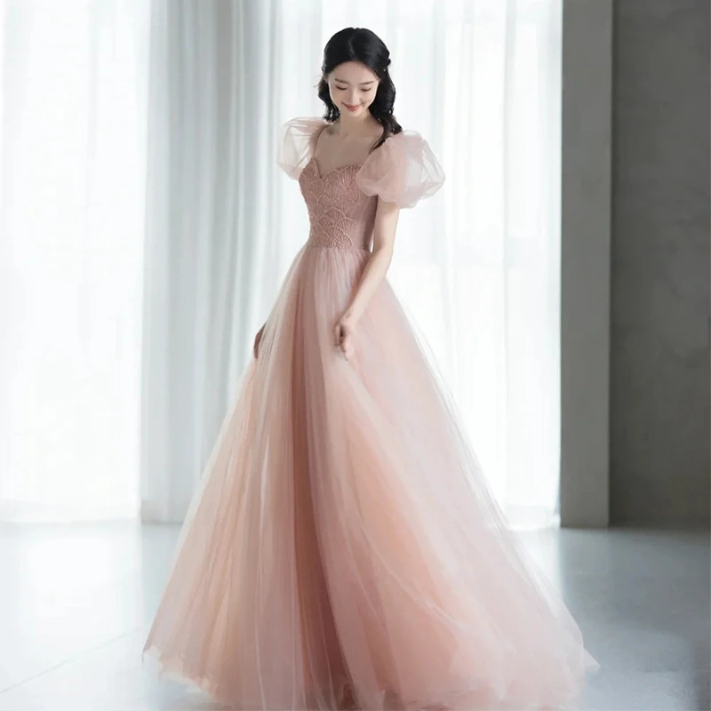 Robes de soirée en tulle rose personnalisées pour femmes, robes de Rh, robe de soirée, manches bouffantes chérie, hors de l'initiative, 2024