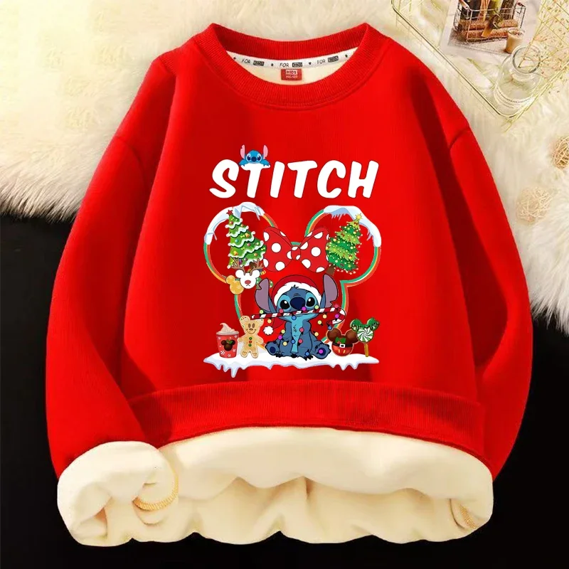 STITCH Toddler Christmas Sweatshirts Cartoon Print Crewneck Pullover Thickening Tshirt Kid Winter Long Sleeve Top Cute Clothes