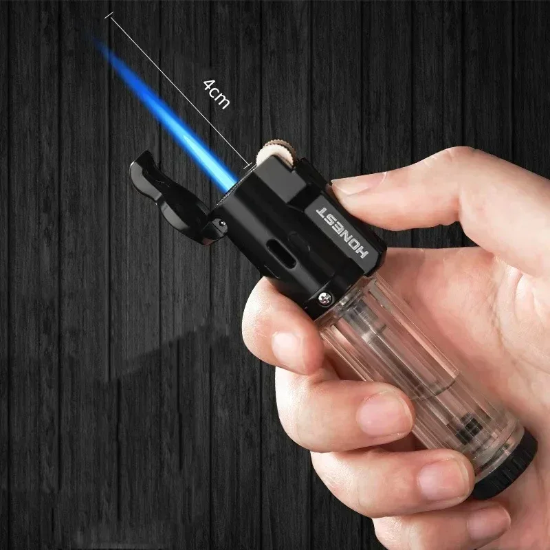 

HONEST Mini Portable Metal Gas Lighter Transparent Gas Chamber Windproof Blue Flame Grinding Wheel Cigar Turbine Torch