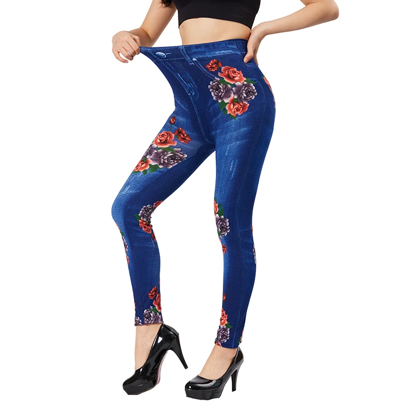 CUHAKCI Women Rose Print Elastic Blue Jeggings Fake Pocket Casual Workout Yoga Leggings Slim Fit Faux Denim Female Pencil Pants