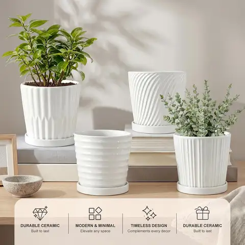 White 6 Inch Flower Pots for Plants,Ceramic Planter with Drainage Holes | 4 Pack Indoor & Outdoor Plant Pots with Saucers | For Indoor Plants, Succulents, Orchids, Herbs | Medium Garden Pots