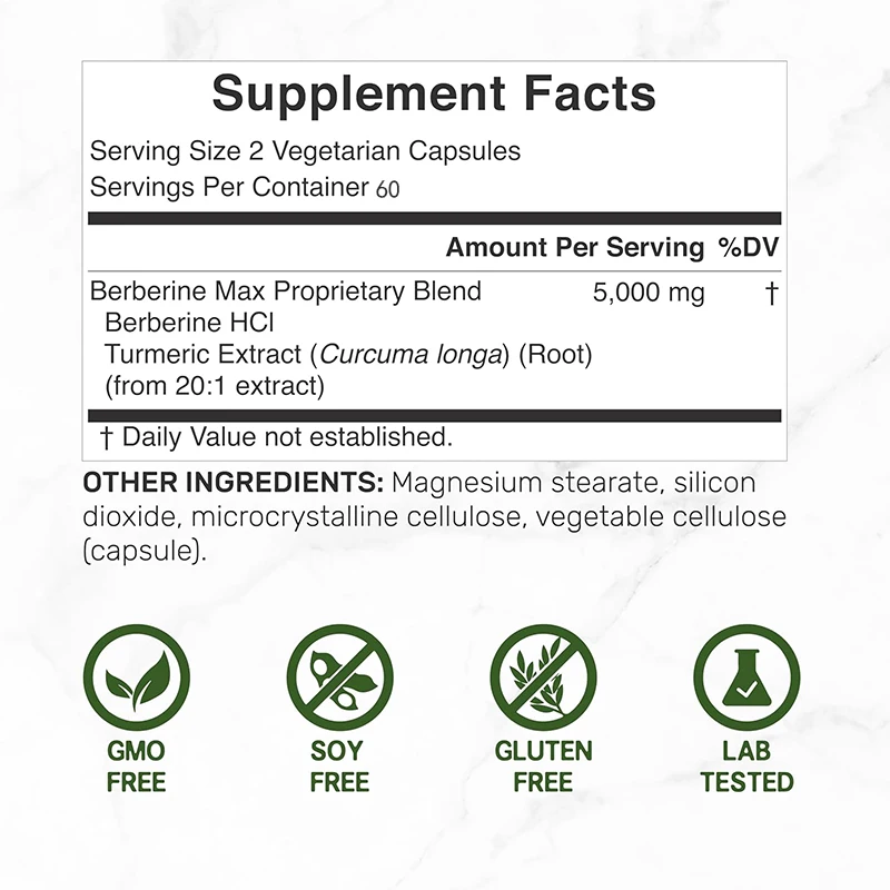 97% Pure Berberine Maximum Turmeric Supplement, 5000 Milligrams Per Serving, 60 Vegetable Capsules, Non GMO