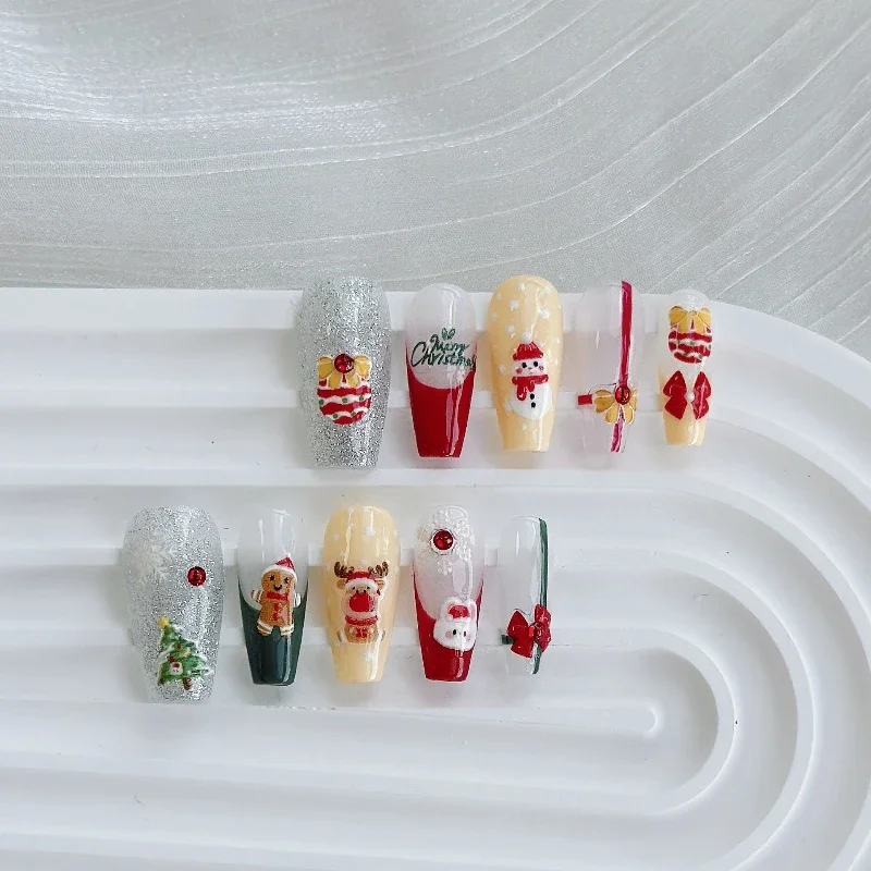 10 Pcs New Christmas Little Ginger Handmade Wearbale Fake Nail Cute Cartoon Multiple Colour False Nail Artist Patch Detachable