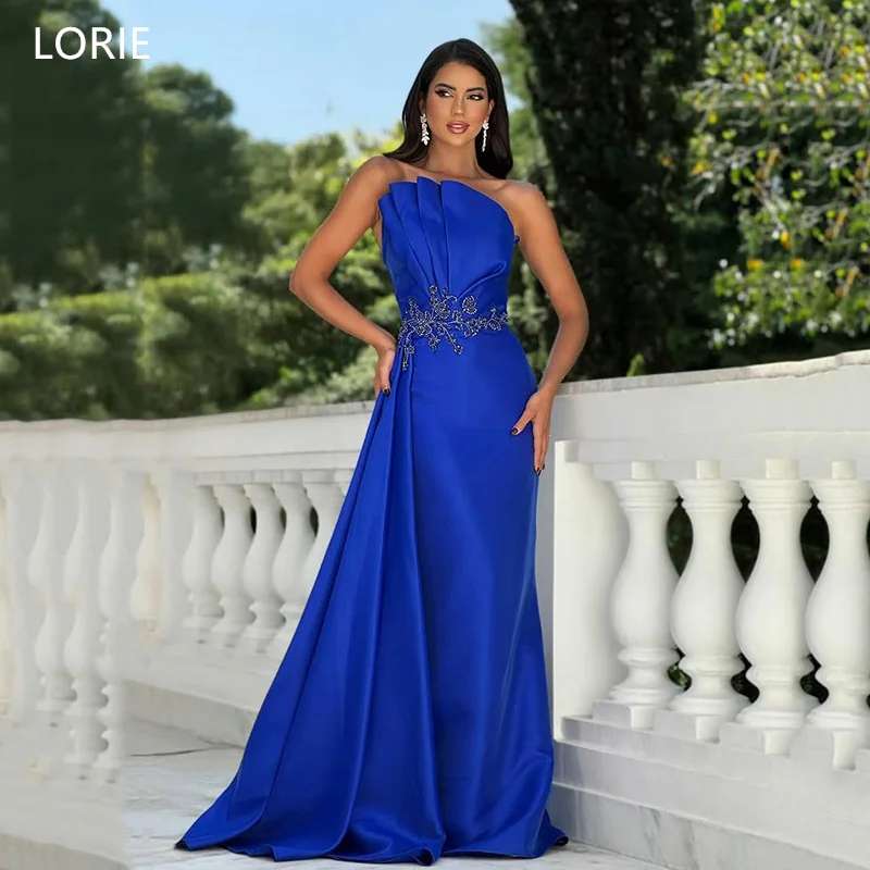

LORIE Luxury Blue Satin A-Line Party Dresses Strapless Appliques Evening Prom Dress Pleat Floor Length Prom Gown Customized