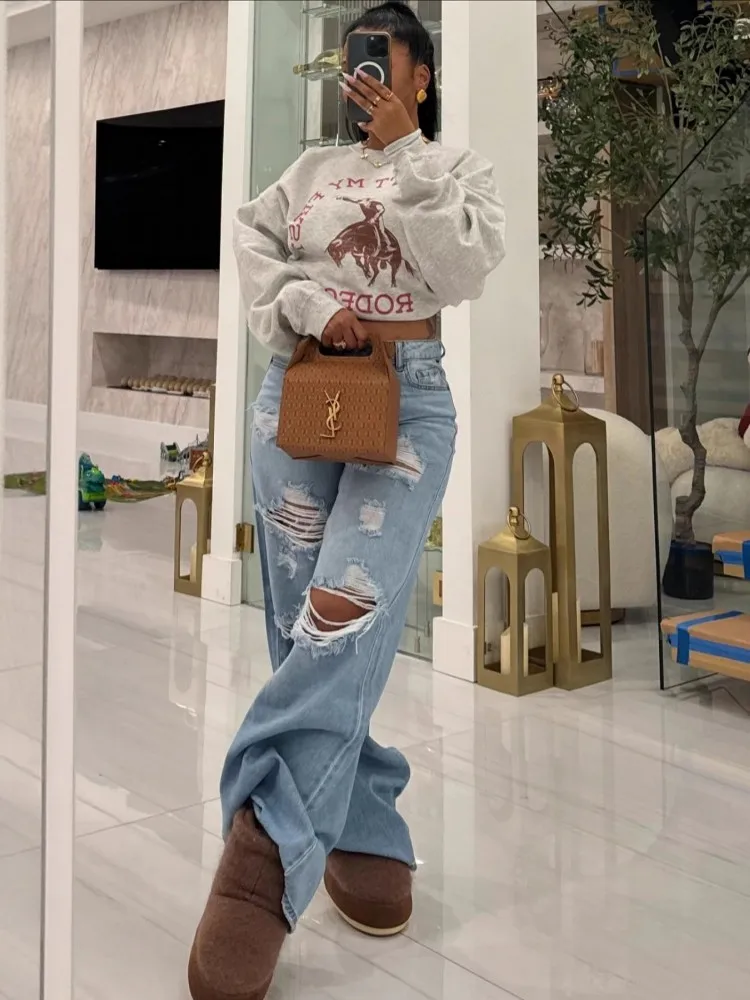 Women High Waist Wide Leg Pants Hole Straight Pants Long Jeans Casual Trendy Trousers 2025 Autumn Winter New Denim Trousers