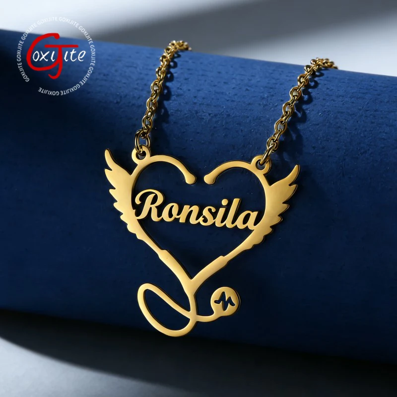 Goxijite Custom Name Heart Necklace For Women Stainless Steel Personalized Stethoscope Collar Pendant Jewelry Mother's Day Gift