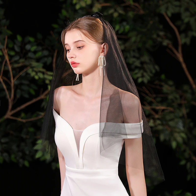 Velo da sposa elegante nero con semplice decorazione fiocco adatto per velo da sposa da donna