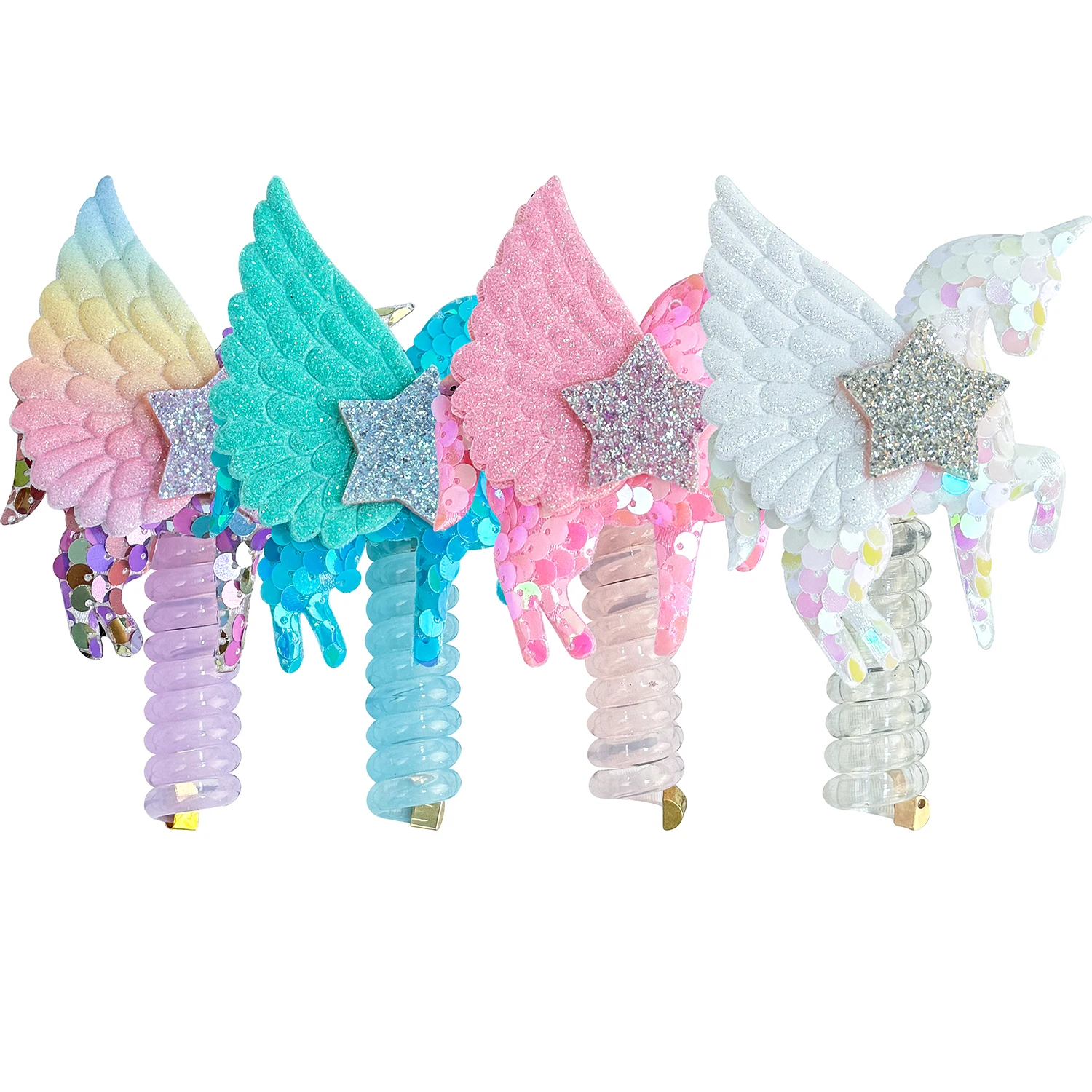 New Unicorn Elastic Hair Rope Cute Girls Telephone Wire Line Elasticity Glitter Wing Star Hair Band For Kids Hair Accessories