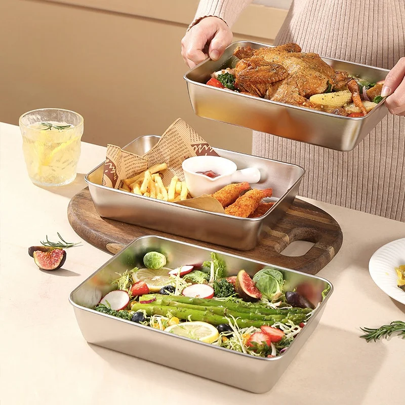 304 Stainless Steel Storage Tray Snack Salad Roasted Chicken Cake Baking Trays Outdoor Picnic Party Food Preservation Container