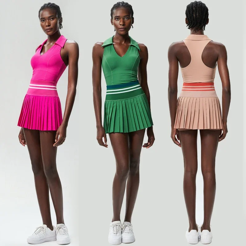women-two-pieces-yoga-set-solid-color-gym-top-tennis-skirt-sports-suit-breathable-quick-dry-short-sportswear-workout-clothes