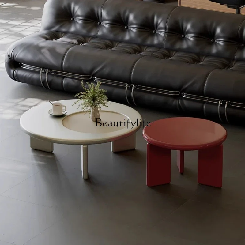 

ls 18Italian minimalist round coffee table living room home light luxury high-end saddle leather coffee table