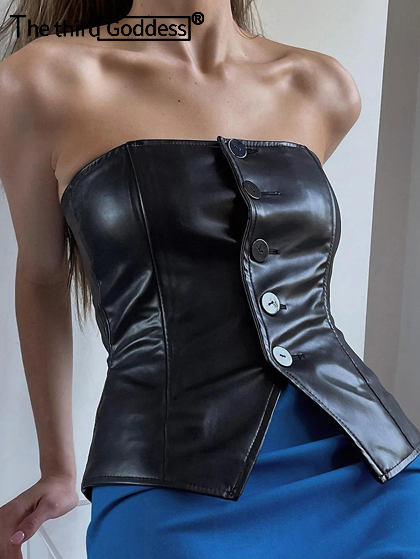 Sexy black button PU leather crop top women summer gothic backless tank top woman clothing streetwear hotwife cropped tube tops