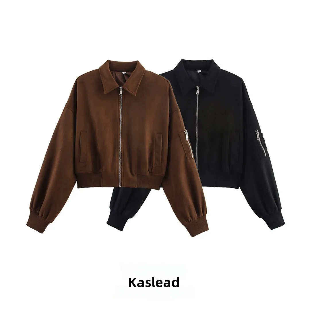 

KASLEAD New Faionable Two-Tone Suede Feel Flight Jaet Women's ort Outerwear Polyester Fiber Long Sve Zipper Closure