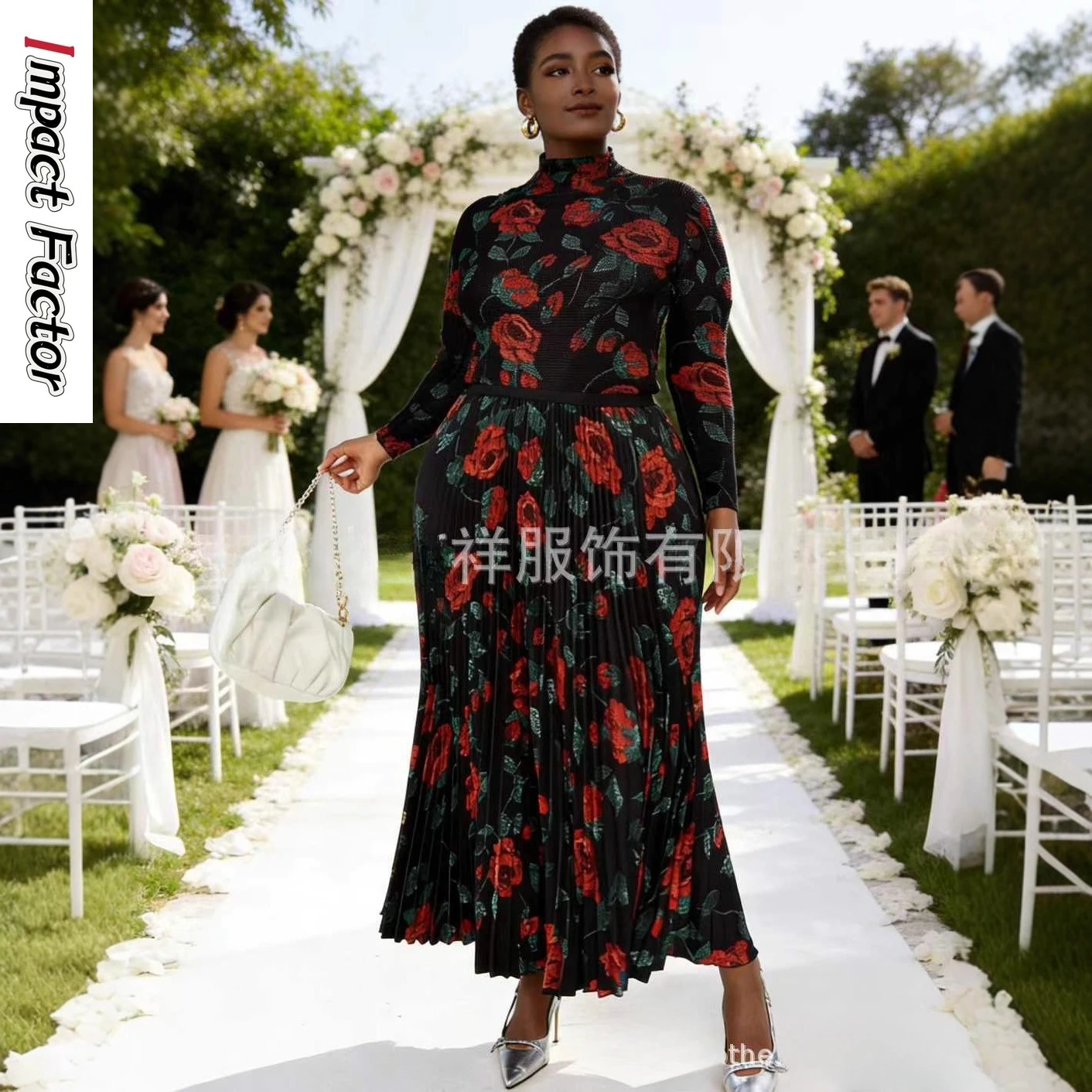 

Miyake Pleated High Quality Loose Semi-turtleneck Two-piece Set Corn Kernels Rose Print Loose Women's Skirt Set