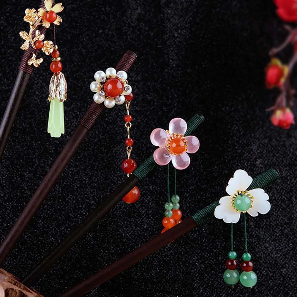 Chinese Style Vintage Women Girls Flower Tassel Wooden Hairpin Hair Chopsticks Hair Fork Hanfu Headdress