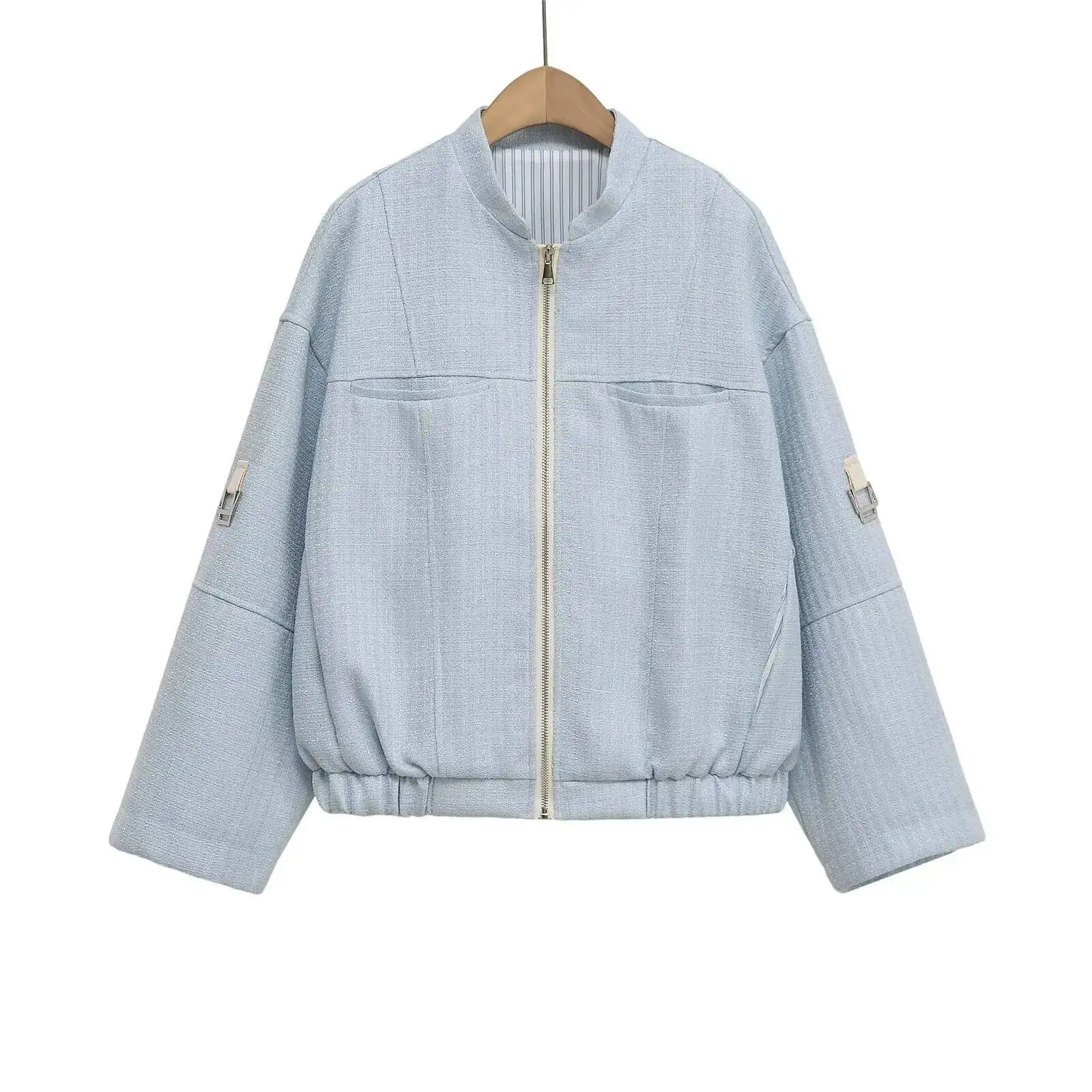 

Women's Metal Thread Curled Sleeves Stand Up Collar Style Summer New Jacket Coat