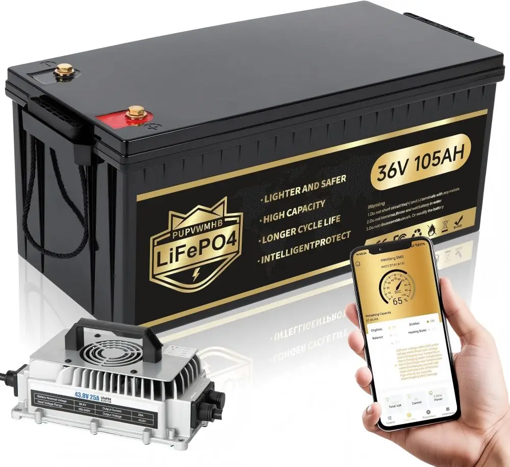 36V 105Ah LiFePO4 Golf Cart Battery Built-in Smart 200A BMS Max 7.68kW Output W/ 43.8V 25A Charger for Golf Cart Trolling Motor