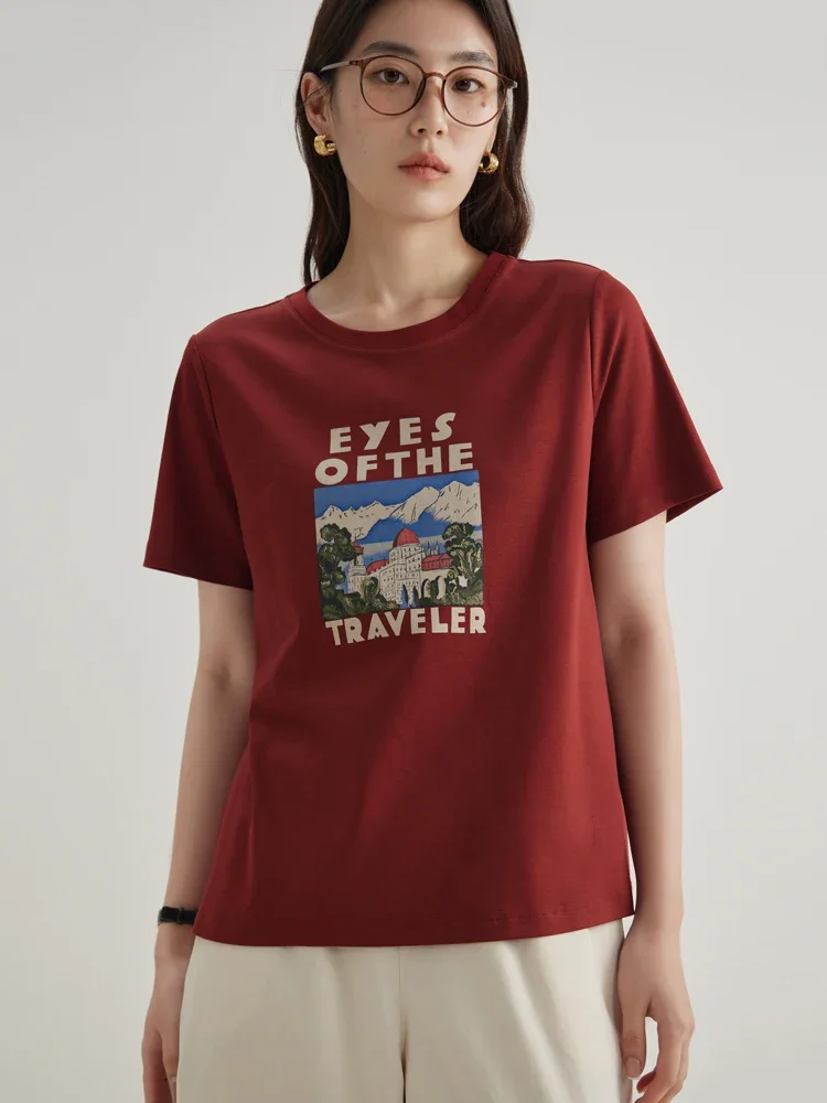 DUSHU Women Print Short Sleeve T-Shirt Cotton Front Shoulder Female Summer Dark Red Tees Beige Short Sleeve Top 24DS82674