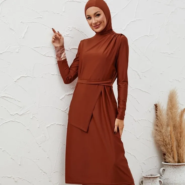 Muslim Swimming Suit Women 3 Piece Set Full Coverage Swimsuit Dress Hijab High Waist Pants Modest Lace Up Islamic Swimwear 5