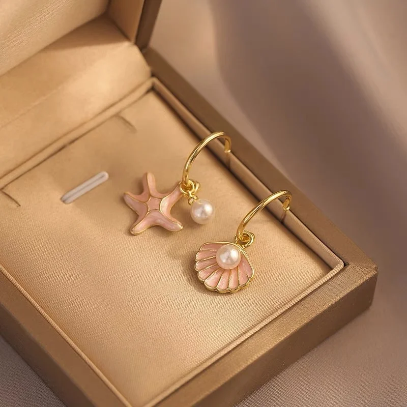 Vintage Gold Color Starfish Shell Drop Earrings for Women Small Cute Imitation Pearl Earrings Banquet Wedding Beach Jewelry