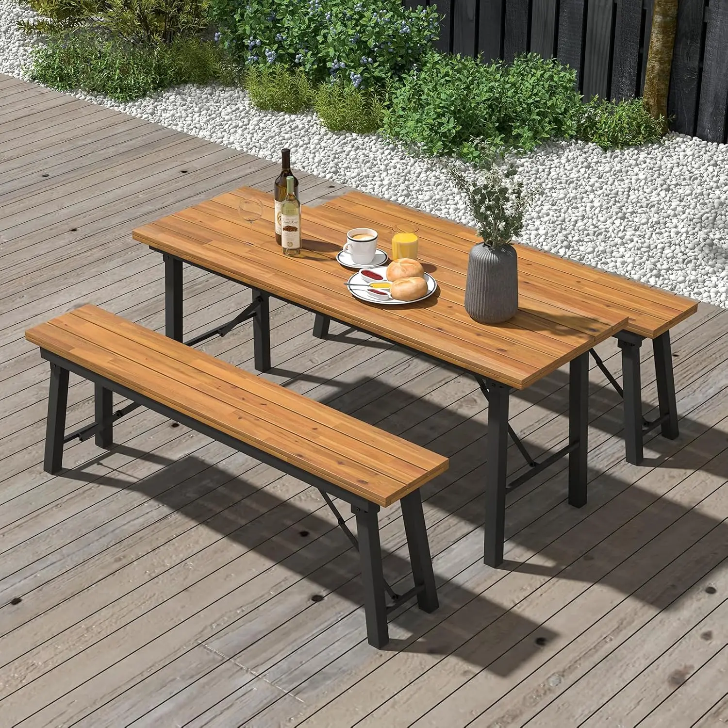 Folding Picnic Table Acacia Wood Dining Table with Metal Frame, Portable Camping BQQ Table, Rectangular Dining Table for Indoor