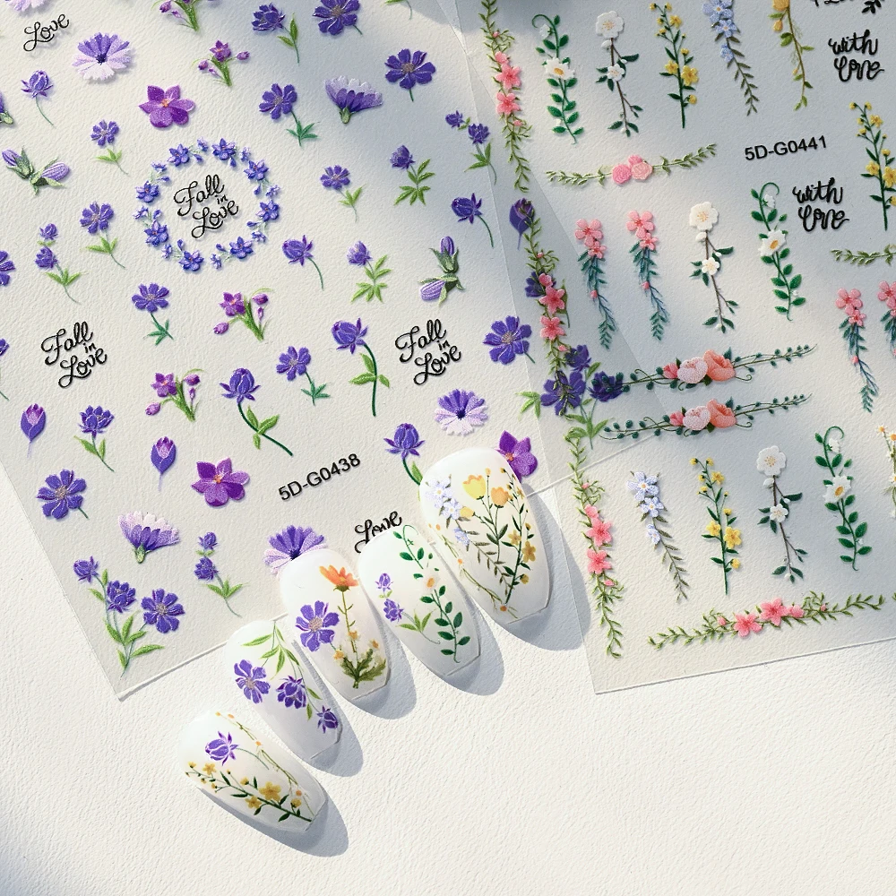 1 pièces 5D rêve violet feuille florale plante ongles autocollants printemps été fleurs sauvages vives ongles décalcomanies Style pastoral manucure décalcomanies