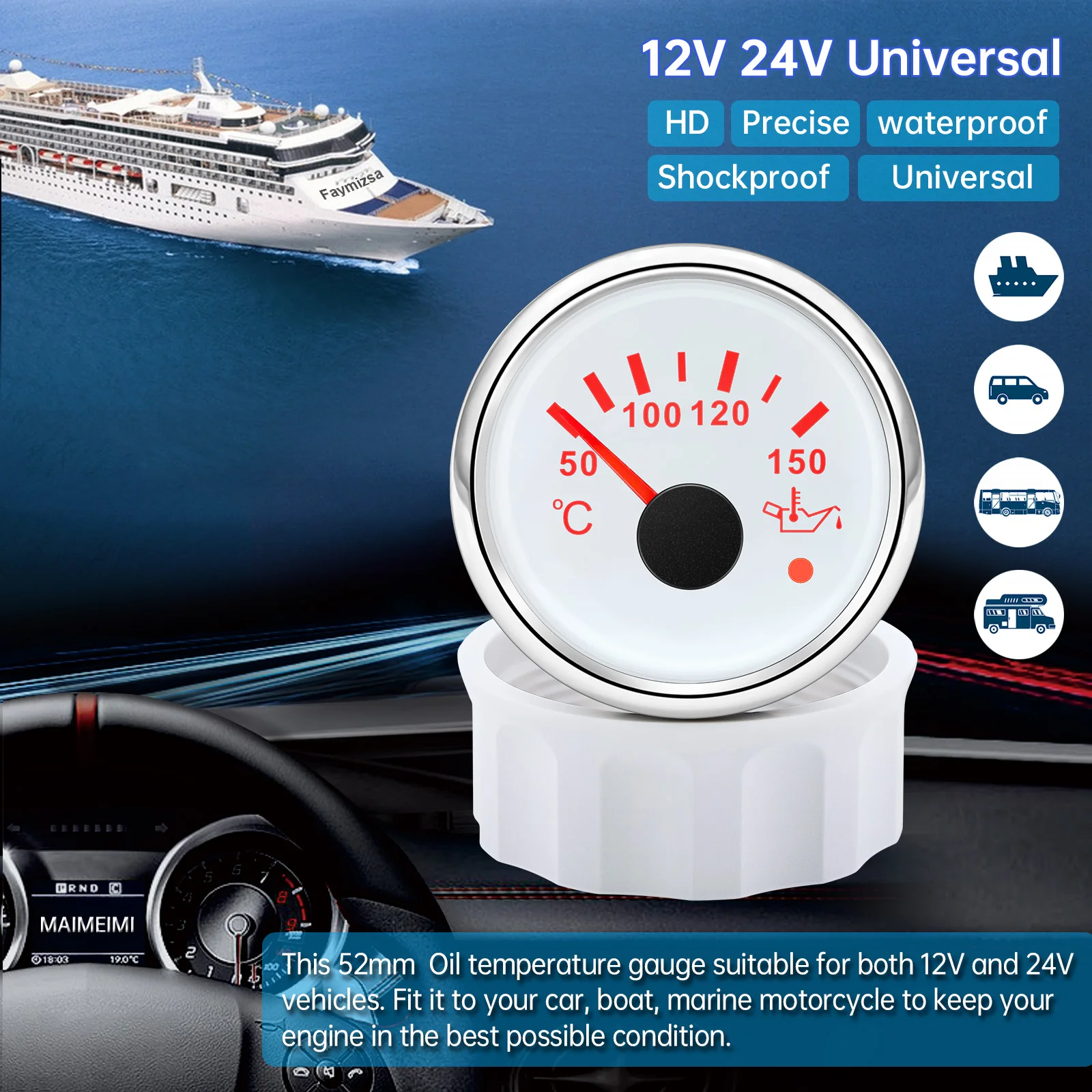 Medidor de temperatura de óleo + sensor, 50 ~ 150 celsius 52mm com alarme luz vermelha indicador de temperatura de óleo para barco marinho carro 12v 24v personalizado