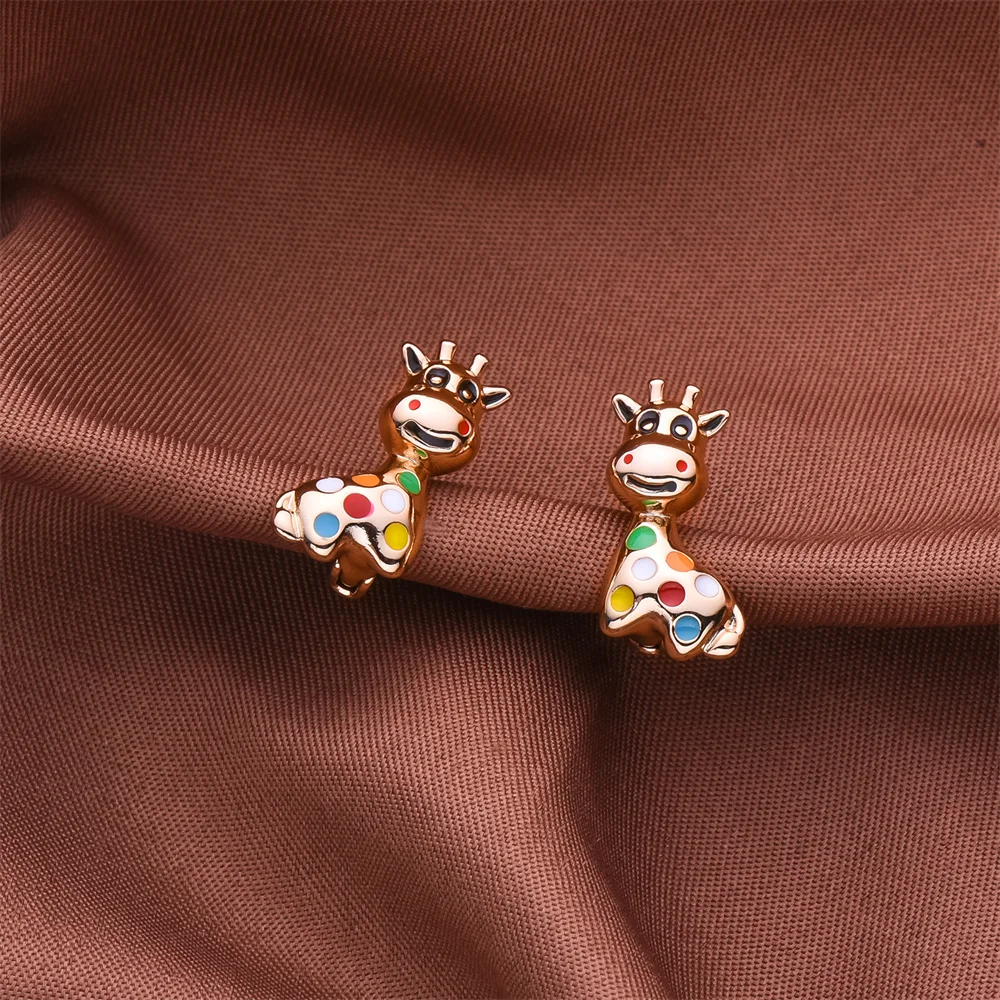 DCKAZZ Cute Giraffe Studs Earring lassic 585 Rose Gold Color Inlay Colorful Enamel Spot Fashion Animal Jewelry Woman Accessories