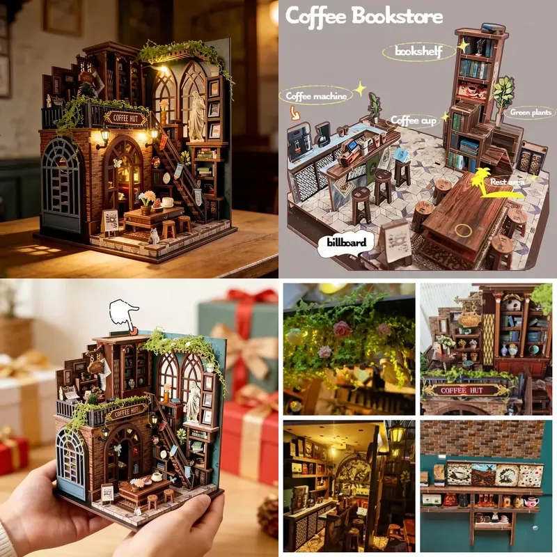 DIY Wooden Coffee Bookstore Cottage Figurines Miniature Dollhouse Model Kits Mini Casa Jigsaw Puzzle for Friends Birthday